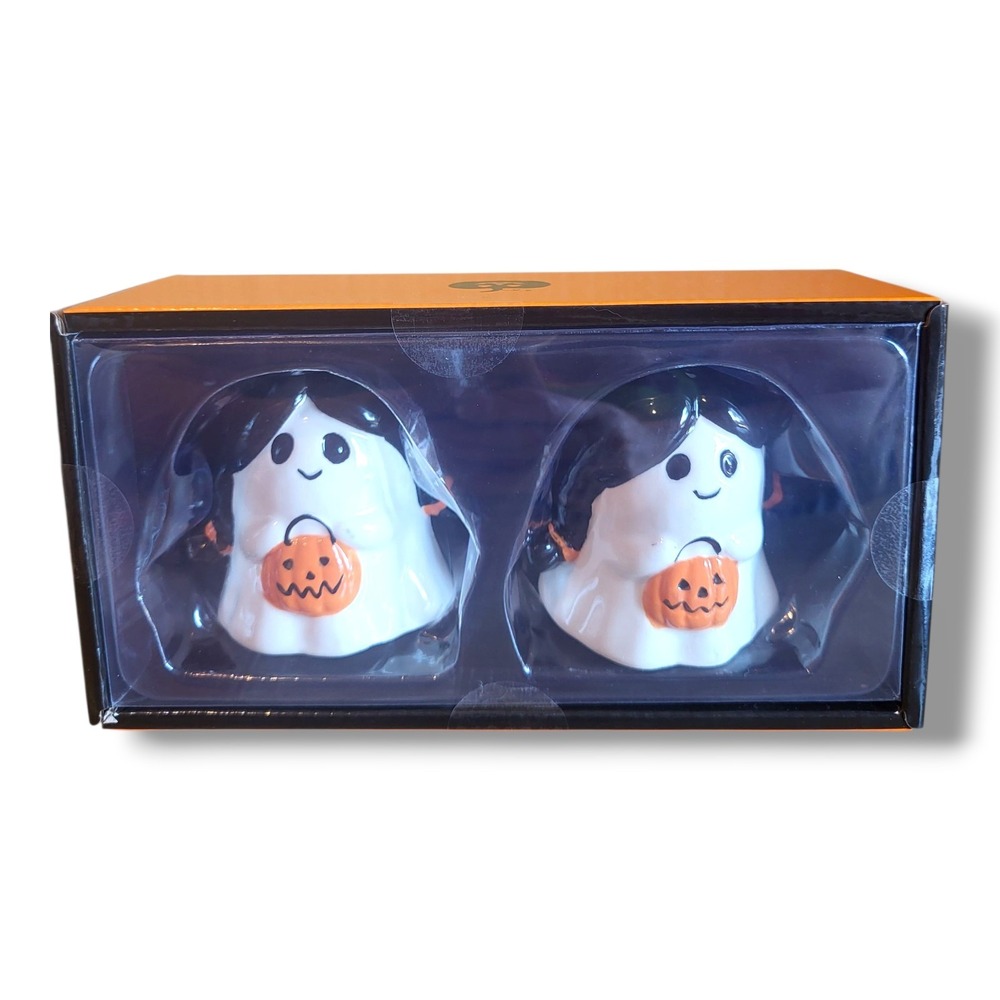 Jack O Lantern Lane Halloween Ghost Girl Salt Pepper Shakers Pumpkin Ceramic NEW